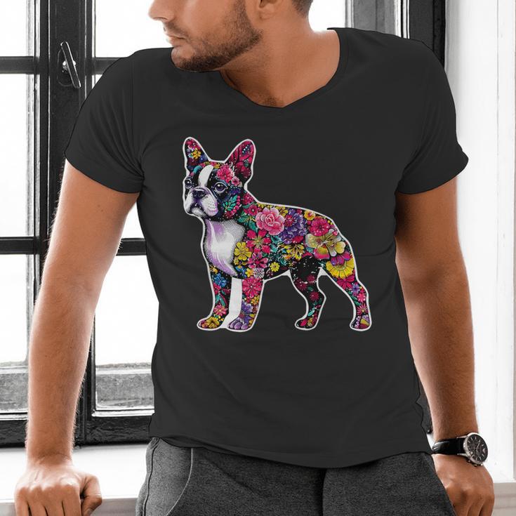Boston Terrier Floral Dog Lover Vintage Distressed For Men Women Kids Men's V-Neck T-Shirt, gift for family, gift for coworker