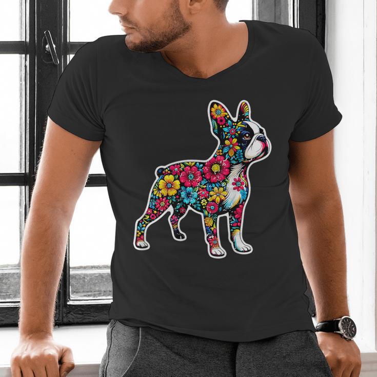 Boston Terrier Floral Vintage Dog Mom Distressed Men Women Kids Men's V-Neck T-Shirt, Boston Terrier Mom Shirts, gift for family, gift for coworker