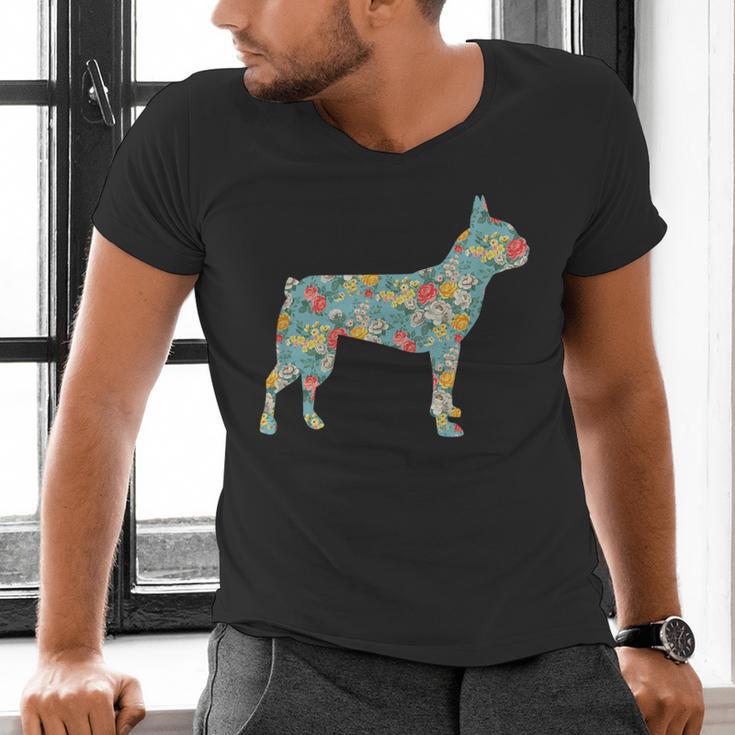 Boston Terrier Flower Silhouette Floral Dog Men Women Girls Kids Men's V-Neck T-Shirt, gift for family, gift for coworker