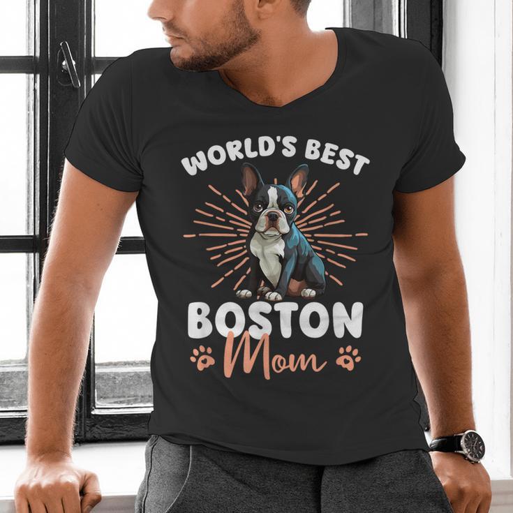Boston Terrier Groovy World's Best Boston Mom Men's V-Neck T-Shirt, Boston Terrier Mom Shirts, gift for family, gift for coworker