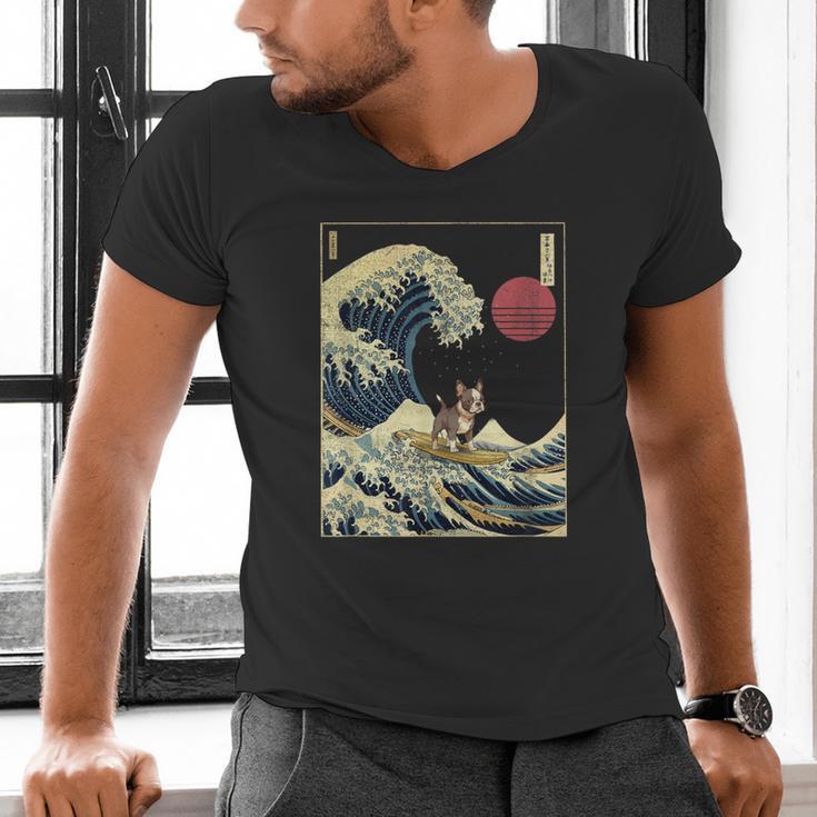 Boston Terrier Japanese Kanagawa Wave Surf Dog Men's V-Neck T-Shirt, gift for family, gift for coworker