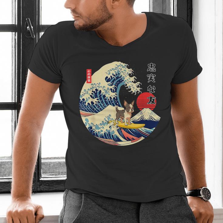 Boston Terrier Japanese Kanagawa Wave Surf Loyal Dog Men Women Kids Men's V-Neck T-Shirt, gift for family, gift for coworker