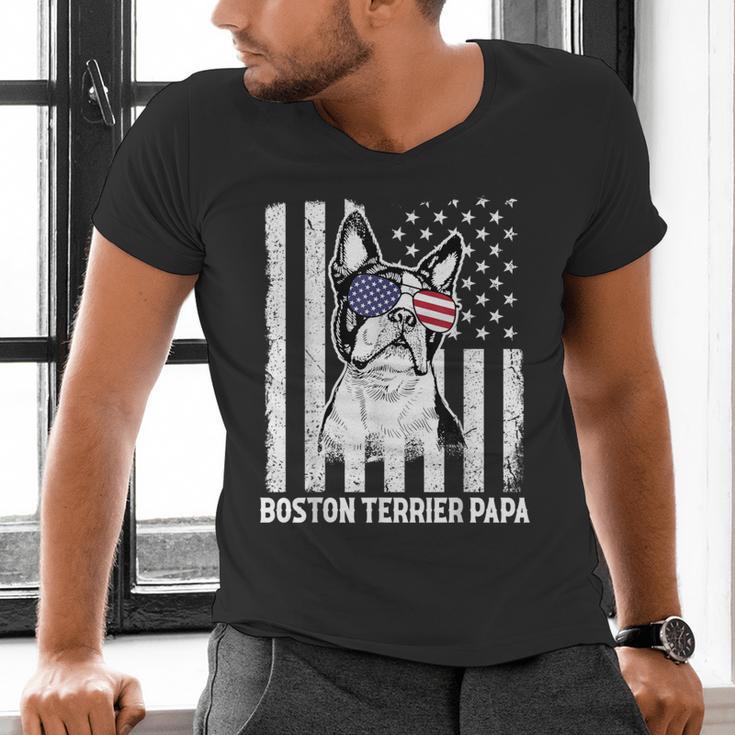 Boston Terrier Papa Cool Dog Lover USA American Flag Men Women Men's V-Neck T-Shirt, American Boston Terrier Shirts, gift for family, gift for coworker