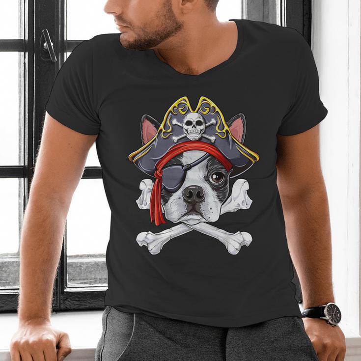 Boston Terrier Pirate T Shirt Jolly Roger Crossbones Skull Men's V-Neck T-Shirt, gift for family, gift for coworker