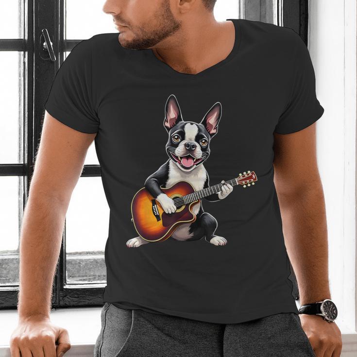 Boston Terrier Playing Guitar Boston Terrier Men's V-Neck T-Shirt, gift for family, gift for coworker