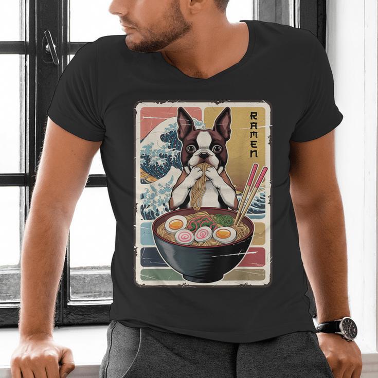 Boston Terrier Ramen Noodles Japanese Art Retro Ocean Waves Men's V-Neck T-Shirt, gift for family, gift for coworker