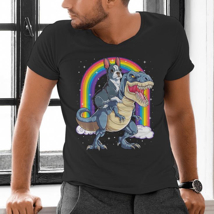 Boston Terrier Riding Dinosaur T-Rex Boys Kids Rainbow Men's V-Neck T-Shirt, Boston Terrier Riding Shirts, gift for family, gift for coworker