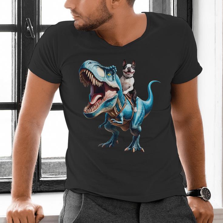 Boston Terrier Riding T-Rex Dinosaur Dog Lover Men's V-Neck T-Shirt, Boston Terrier Riding Shirts, gift for family, gift for coworker