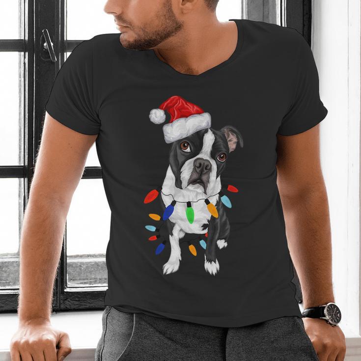 Boston Terrier Santa Christmas Lights Xmas Dog Lover Men Women Kids Men's V-Neck T-Shirt, Boston Terrier Christmas Shirts, gift for family, gift for coworker