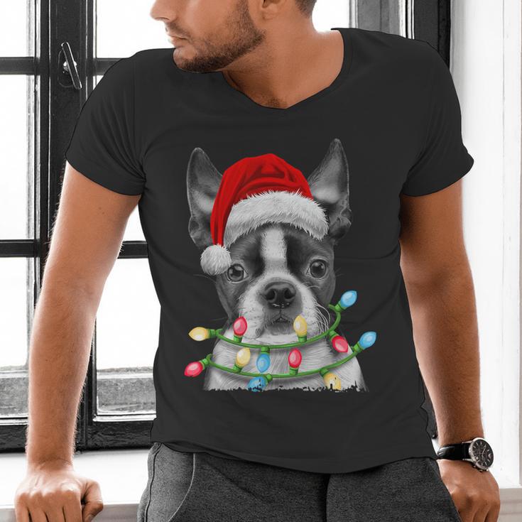 Boston Terrier Santa Christmas Tree Lights Xmas Boys Men Dog Men's V-Neck T-Shirt, Boston Terrier Christmas Shirts, gift for family, gift for coworker