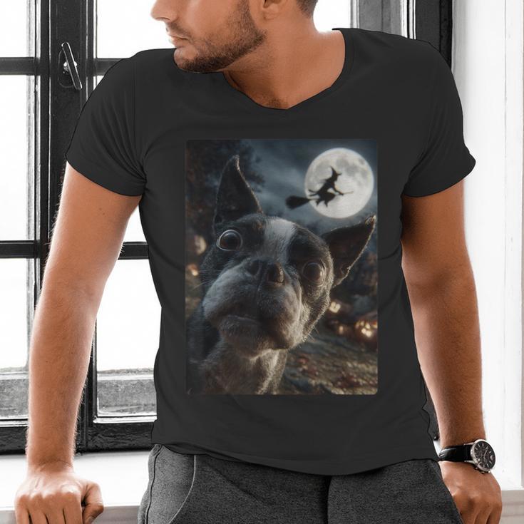 Boston Terrier Selfie Full Moon Flying Witch Halloween Dog Men's V-Neck T-Shirt, Boston Terrier Halloween Shirts, gift for family, gift for coworker
