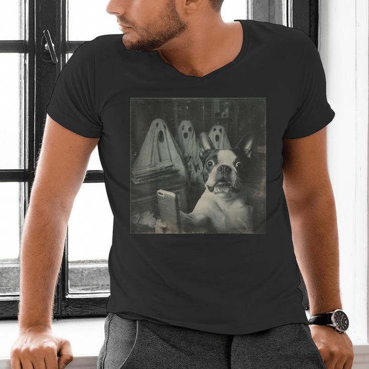 Boston Terrier Selfie With Ghosts Halloween Dog Lover Men's V-Neck T-Shirt, Boston Terrier Halloween Shirts, gift for family, gift for coworker