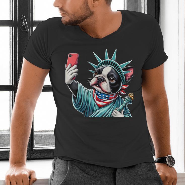 Boston Terrier Selfie Statue Of Liberty 4th Of July American Men's V-Neck T-Shirt, American Boston Terrier Shirts, Boston Terrier 4th Of July Shirts, gift for family, gift for coworker