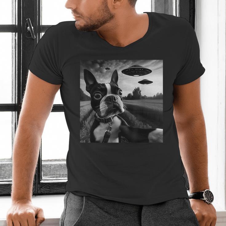 Boston Terrier Graphic Selfie With UFOs Weird Aliens Men's V-Neck T-Shirt, gift for family, gift for coworker