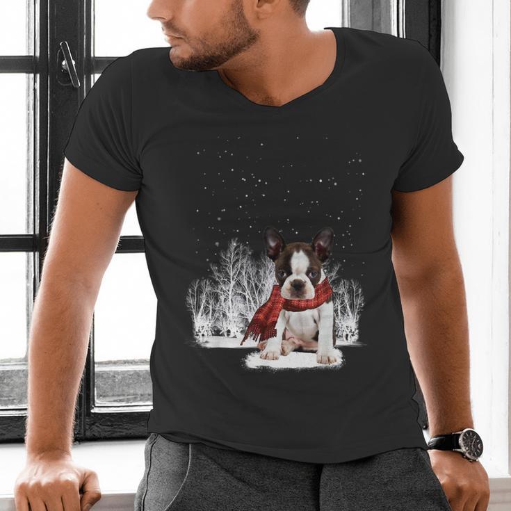 Boston Terrier In The Snow Merry Christmas Winter Men's V-Neck T-Shirt, Boston Terrier Christmas Shirts, gift for family, gift for coworker