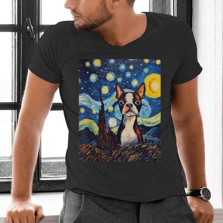 Boston Terrier Starry Night Van Gogh Art Men's V-Neck T-Shirt, gift for family, gift for coworker