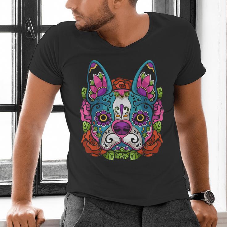 Boston Terrier Sugar Skull Dog Day Of The Dead Men's V-Neck T-Shirt, gift for family, gift for coworker