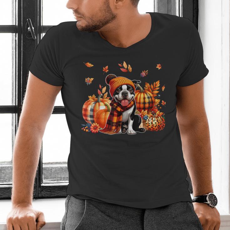 Boston Terrier Thanksgiving Leopard Pumpkins Fall Leaves Men's V-Neck T-Shirt, Boston Terrier Thanksgiving Shirts, gift for family, gift for coworker