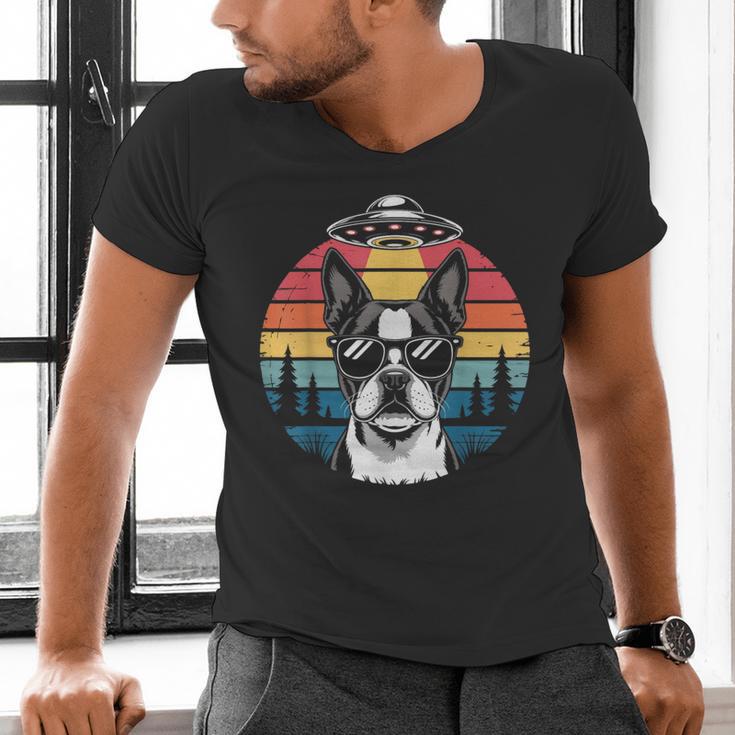 Boston Terrier UFO Alien Boston Terrier Dog Mom Dad Men's V-Neck T-Shirt, Boston Terrier Dad Shirts, Boston Terrier Mom Shirts, gift for family, gift for coworker