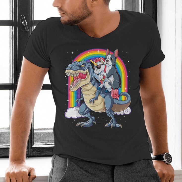 Boston Terrier Unicorn Riding Dinosaur T-Rex Girls Rainbow Men's V-Neck T-Shirt, Boston Terrier Riding Shirts, gift for family, gift for coworker