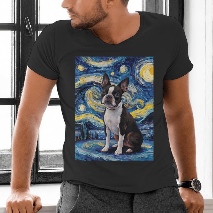 Boston Terrier Van Gogh Starry Night Men's V-Neck T-Shirt, gift for family, gift for coworker