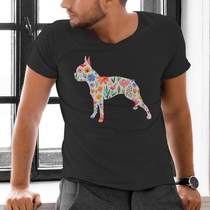 Boston Terrier Watercolor Flowers Men's V-Neck T-Shirt, gift for family, gift for coworker