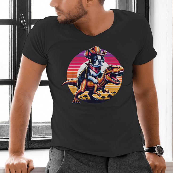 Boston Terrier Wearing A Cowboy Hat On T-Rex Men's V-Neck T-Shirt, gift for family, gift for coworker
