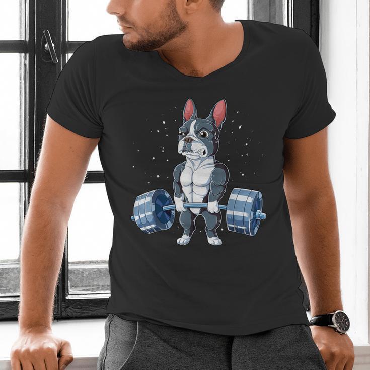 Boston Terrier Weightlifting Deadlift Men Fitness Gym Men's V-Neck T-Shirt, Boston Terrier Gym Shirts, gift for family, gift for coworker