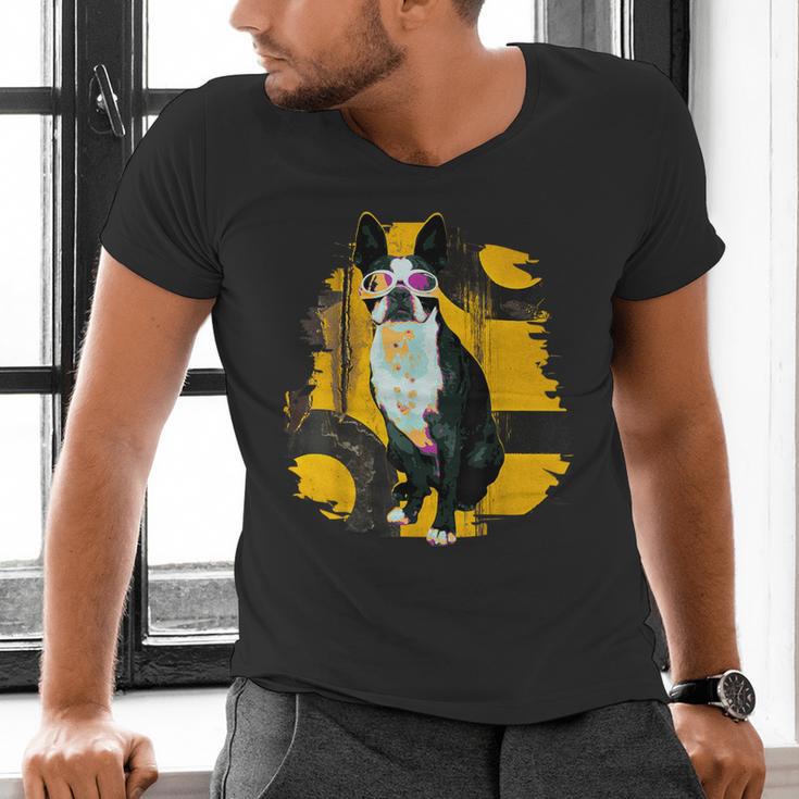 Boston Terrier s Mid-Century Modern Art s Street Grunge Men's V-Neck T-Shirt, gift for family, gift for coworker