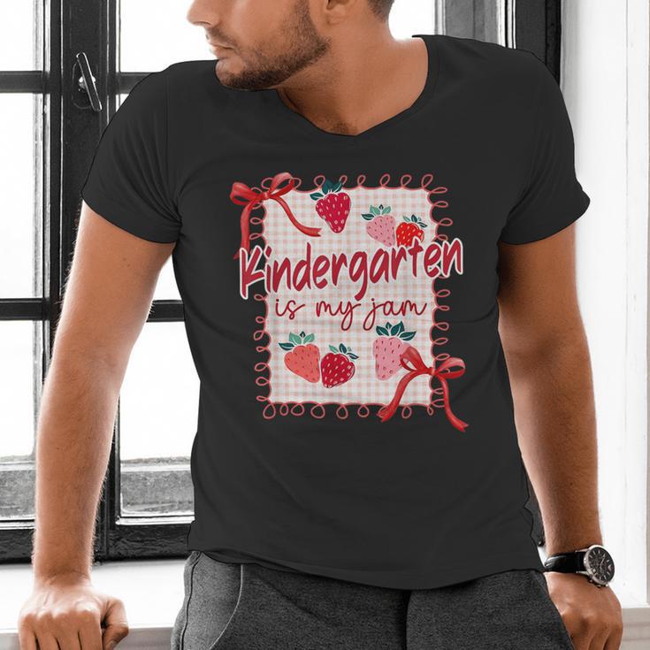 Bow Strawberry Kindergarten Is My Jam Teacher Kinder Team Men's V-Neck T-Shirt, gift for family, gift for coworker