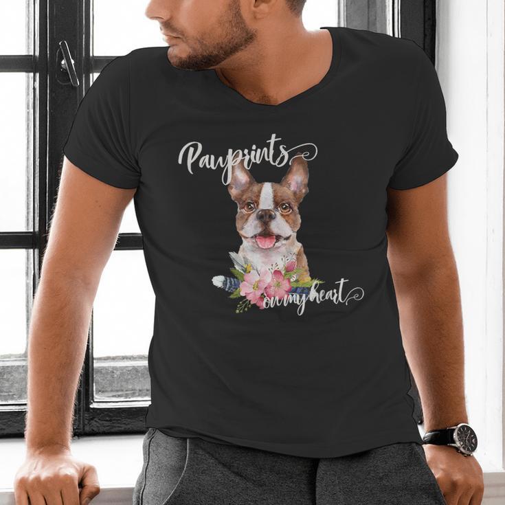 Brown Boston Terrier With Flowers And Feathers Men's V-Neck T-Shirt, gift for family, gift for coworker