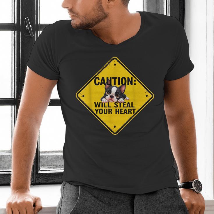 Caution Sign Boston Terrier Dog Bostie Puppy Men's V-Neck T-Shirt, gift for family, gift for coworker