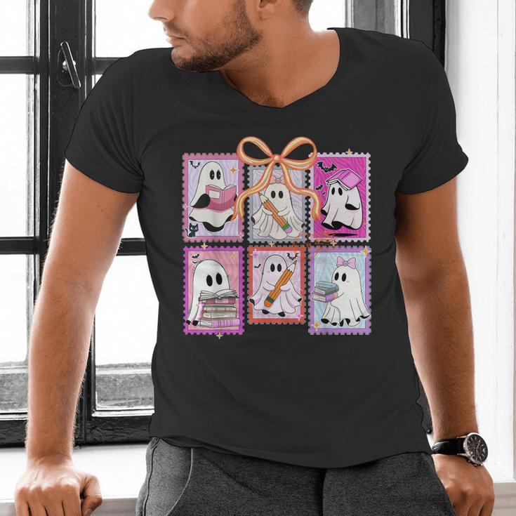 Coquette Bow Spooky Teacher Ghost Halloween Trick Or Teach Men's V-Neck T-Shirt, gift for family, gift for coworker Coquette Bow Spooky Teacher Ghost Halloween Trick Or Teach Men's V-Neck T-Shirt, gift for family, gift for coworker