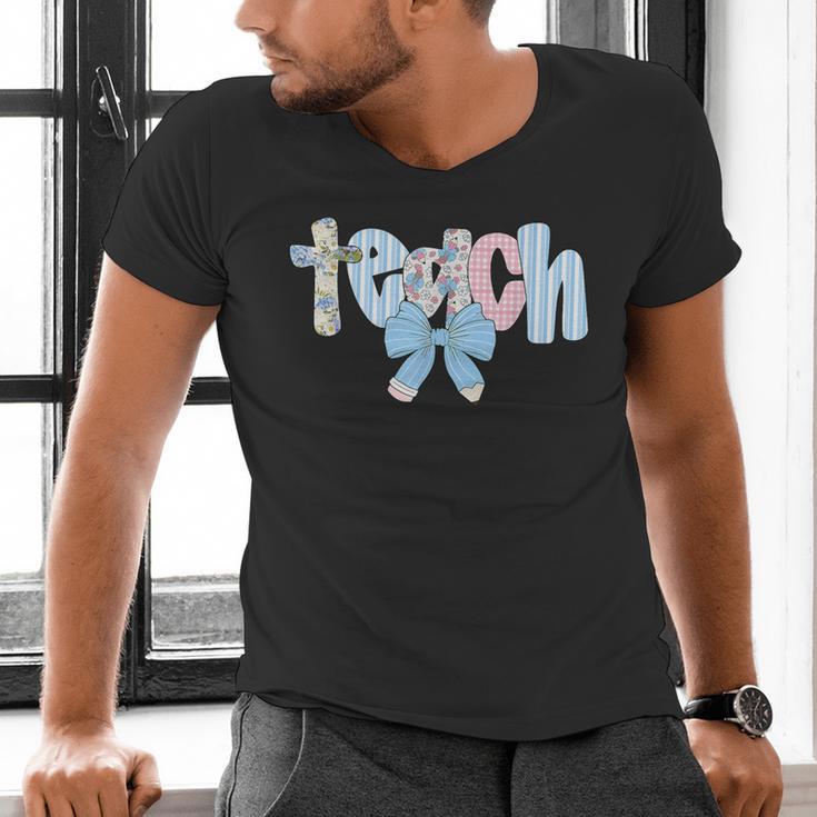 Coquette Bow Teach Teacher Happy First Day Back To School Men's V-Neck T-Shirt, gift for family, gift for coworker Coquette Bow Teach Teacher Happy First Day Back To School Men's V-Neck T-Shirt, gift for family, gift for coworker