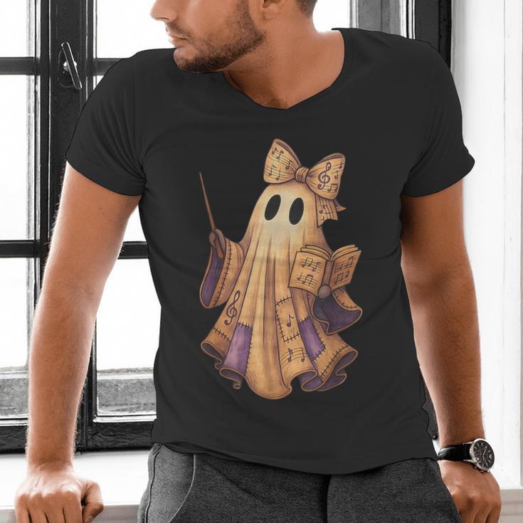 Coquette Music Note Patchwork Ghost Music Teacher Halloween Men's V-Neck T-Shirt, gift for family, gift for coworker Coquette Music Note Patchwork Ghost Music Teacher Halloween Men's V-Neck T-Shirt, gift for family, gift for coworker