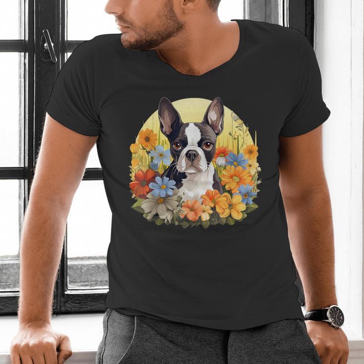Cute Boston Terrier Spring Flower Garden Colorful Puppy Dog Men's V-Neck T-Shirt, gift for family, gift for coworker