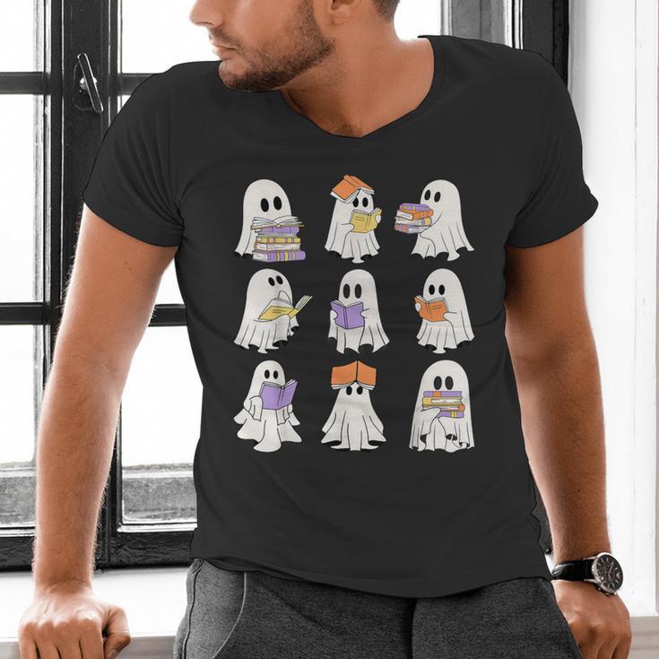 Cute Ghost Reading Books Teacher Halloween Reading Men Women Kids Men's V-Neck T-Shirt, gift for family, gift for coworker