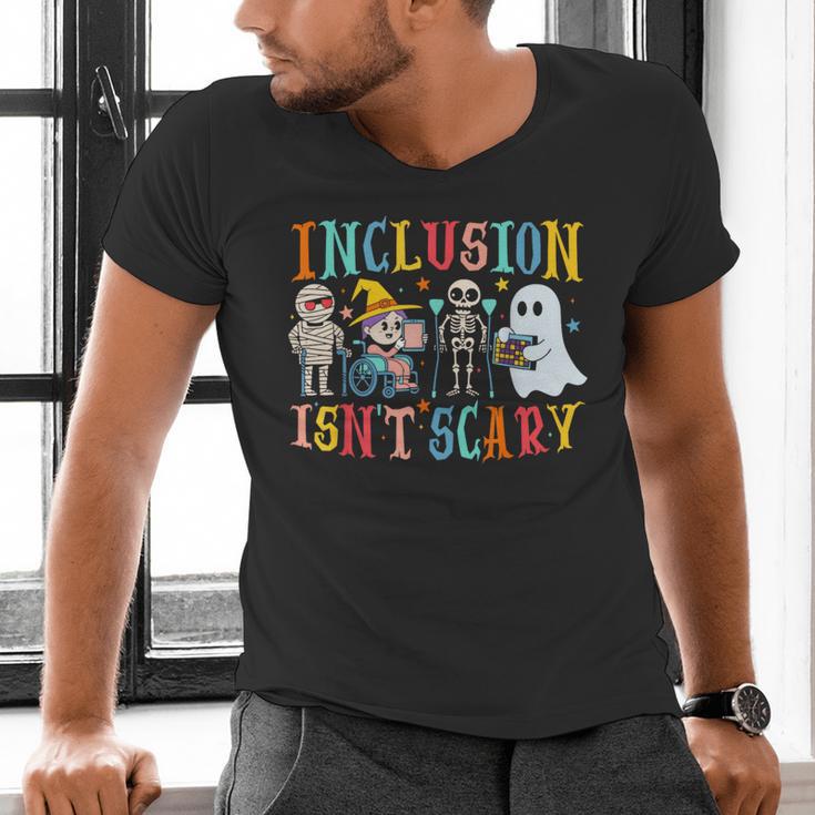 Cute Inclusion Isn't Scary Teacher Skeleton Ghost Halloween Men's V-Neck T-Shirt, gift for family, gift for coworker