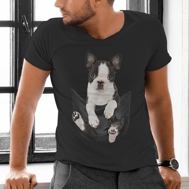 Dog Lovers Boston Terrier In Pocket Dog Face For Men Women Kids Men's V-Neck T-Shirt, gift for family, gift for coworker