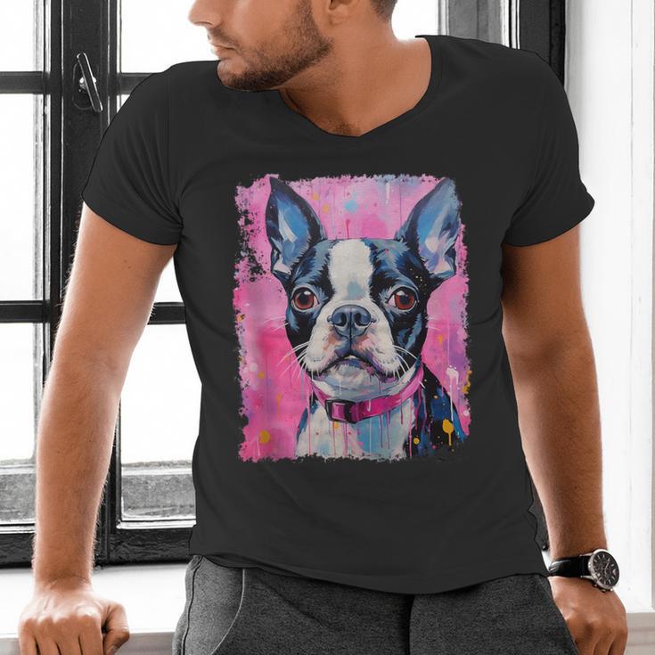 Dog Pink Boston Terrier Men's V-Neck T-Shirt, gift for family, gift for coworker
