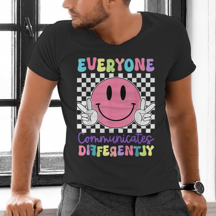 Everyone Communicates Differently Autism Awareness Teacher Men's V-Neck T-Shirt, gift for family, gift for coworker Everyone Communicates Differently Autism Awareness Teacher Men's V-Neck T-Shirt, gift for family, gift for coworker
