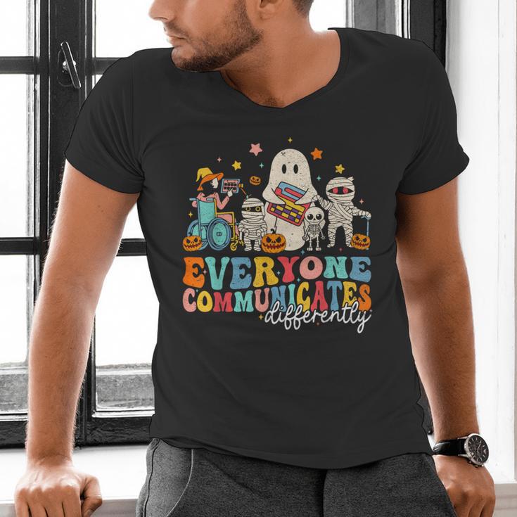 Everyone Communicates Differently Halloween SLP Sped Teacher Men's V-Neck T-Shirt, gift for family, gift for coworker Everyone Communicates Differently Halloween SLP Sped Teacher Men's V-Neck T-Shirt, gift for family, gift for coworker