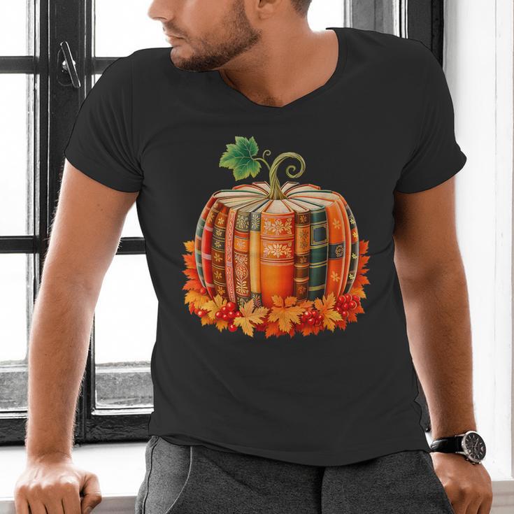 Fall Book Autumn Reading Teacher Halloween Pumpkin Season Men's V-Neck T-Shirt, gift for family, gift for coworker