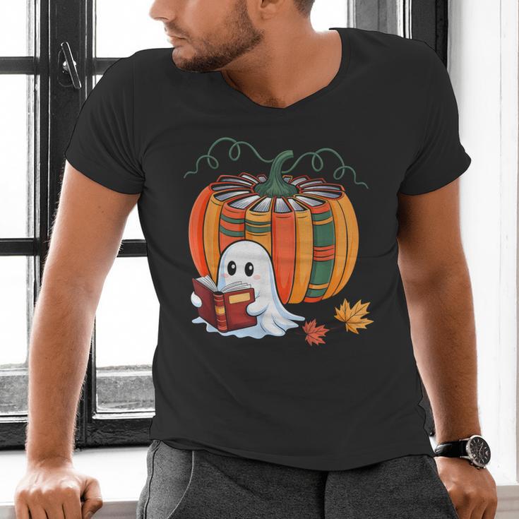 Fall Book Pumpkin Ghost Reading Books Halloween Teacher Men's V-Neck T-Shirt, gift for family, gift for coworker Fall Book Pumpkin Ghost Reading Books Halloween Teacher Men's V-Neck T-Shirt, gift for family, gift for coworker