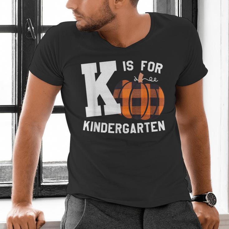 Fall Kindergarten Teacher K Is For Buffalo Plaid Pumpkin Men's V-Neck T-Shirt, gift for family, gift for coworker Fall Kindergarten Teacher K Is For Buffalo Plaid Pumpkin Men's V-Neck T-Shirt, gift for family, gift for coworker