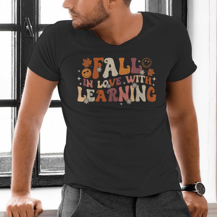 Fall In Love With Learning Autum Thanksgiving Teacher Kids Men's V-Neck T-Shirt, gift for family, gift for coworker