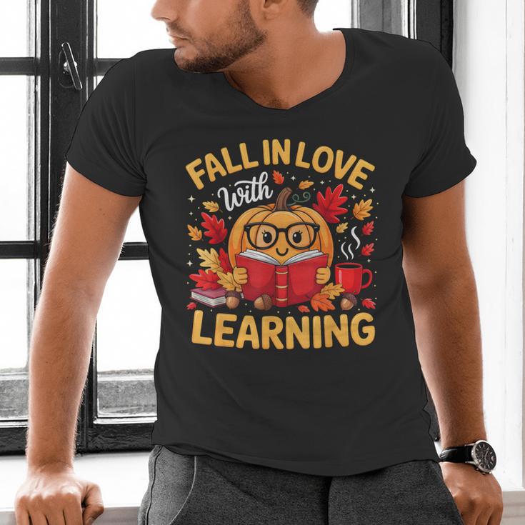 Fall In Love With Learning Pumpkin Thanksgiving Teacher Fall Men's V-Neck T-Shirt, gift for family, gift for coworker Fall In Love With Learning Pumpkin Thanksgiving Teacher Fall Men's V-Neck T-Shirt, gift for family, gift for coworker
