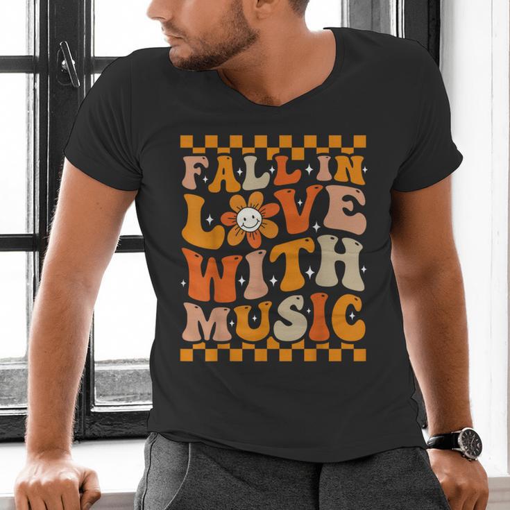 Fall In Love With Music Groovy Thanksgiving Music Teacher Men Women Girls Kids Men's V-Neck T-Shirt, Groovy Teacher Shirts, gift for family, gift for coworker