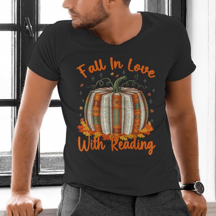 Fall In Love With Reading Pumpkin Autumn Librarians Teacher Men's V-Neck T-Shirt, gift for family, gift for coworker