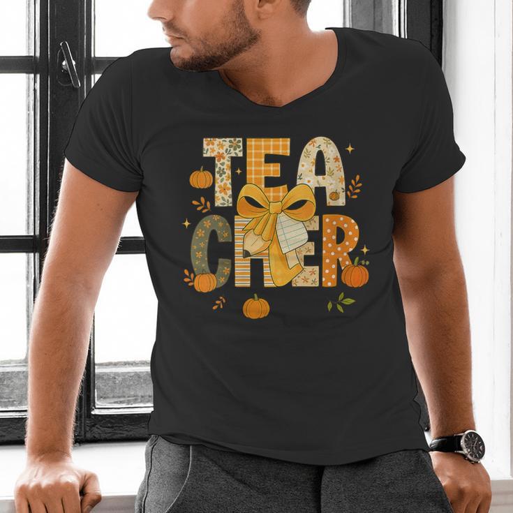 Fall Teacher Pumpkin Coquette Bow Autumn Classroom Men's V-Neck T-Shirt, gift for family, gift for coworker Fall Teacher Pumpkin Coquette Bow Autumn Classroom Men's V-Neck T-Shirt, gift for family, gift for coworker